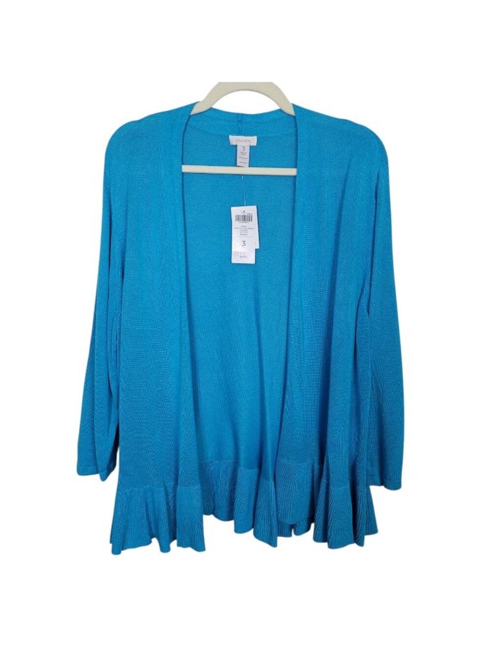Chico's Pheobe Flounce Cardigan Sweater Blue Tang Open Front Ruffled Sz 3 XL NWT